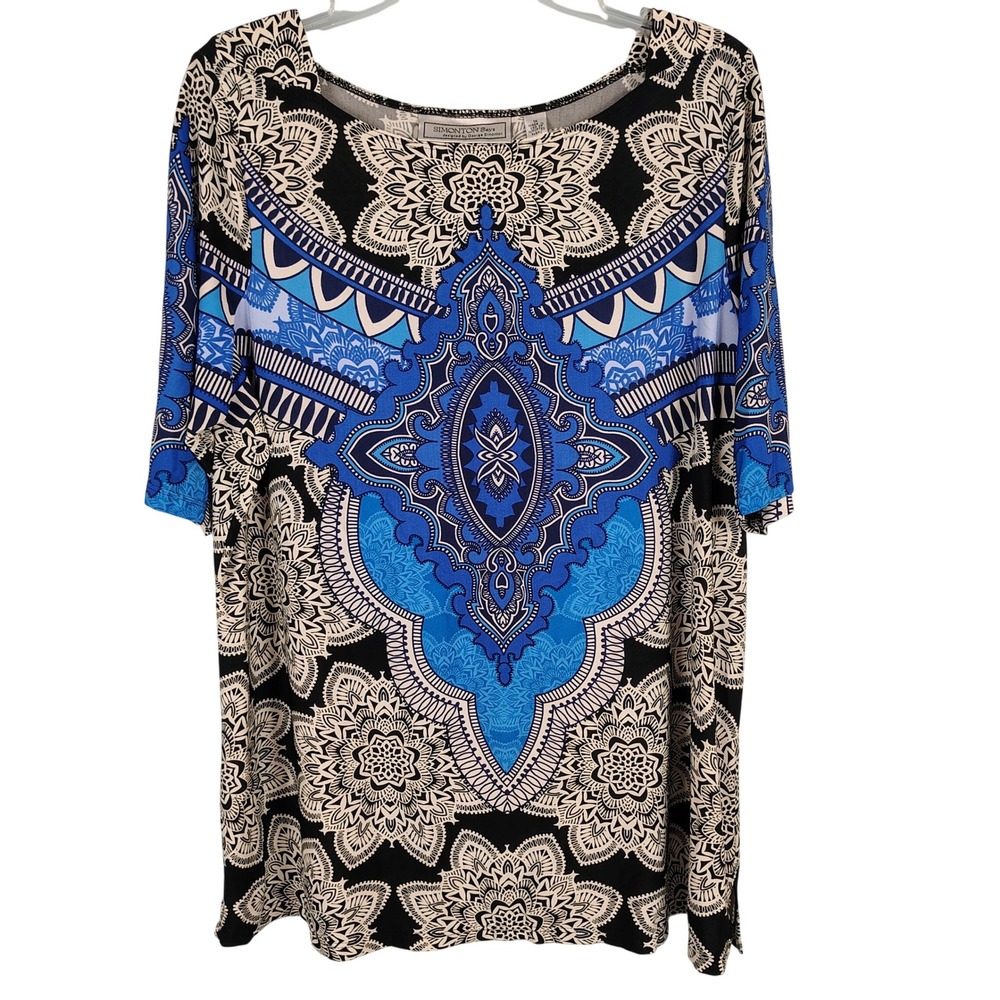 Womens 1X Simonton Says Medallion Print Tunic Blue Black Boho Art to Wear